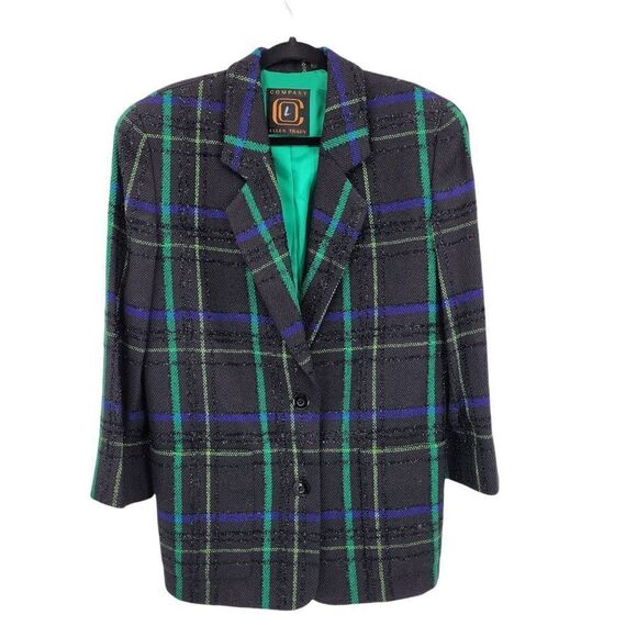 Vtg Ellen Tracy 90's Clueless Wool Sparkle Plaid Boxy Boyfriend Blazer Blue Sz 4 - Picture 1 of 10